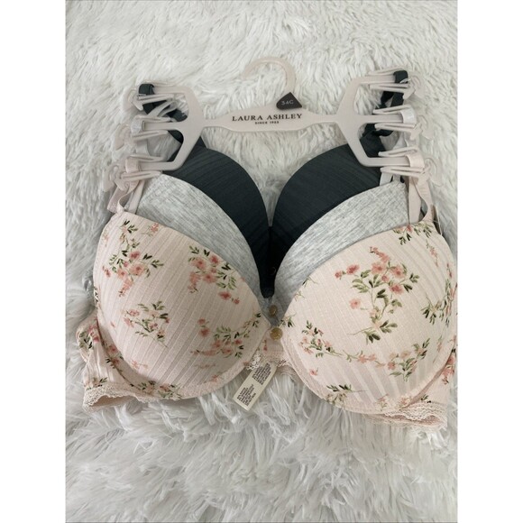Laura Ashley Push Up Bra Women’s Comfort 3 Pack Size 34C Floral Gray Pink Lace - Picture 8 of 12